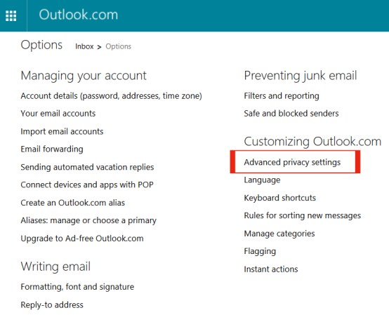 Outlook Advanced Privacy settings